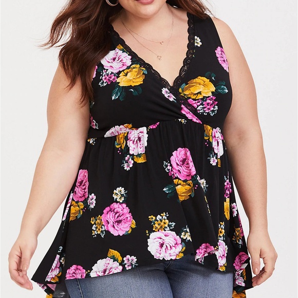 torrid Tops - Torrid 2X 5X Top Black Floral Lace Trim Babydoll
